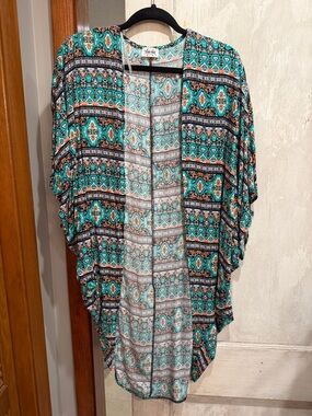 Open-Front Geometric Kimono Cardigan - Teal Multi